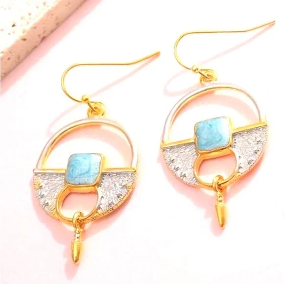 Theodosia~ Tribal Medley Turquoise Square Hoop Shield Dagger Bullet Arrow Dangle - Picture 3 of 4